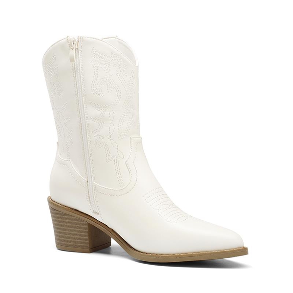 Western Chunky Heel Cowboy Ankle Boots - WHITE - 2